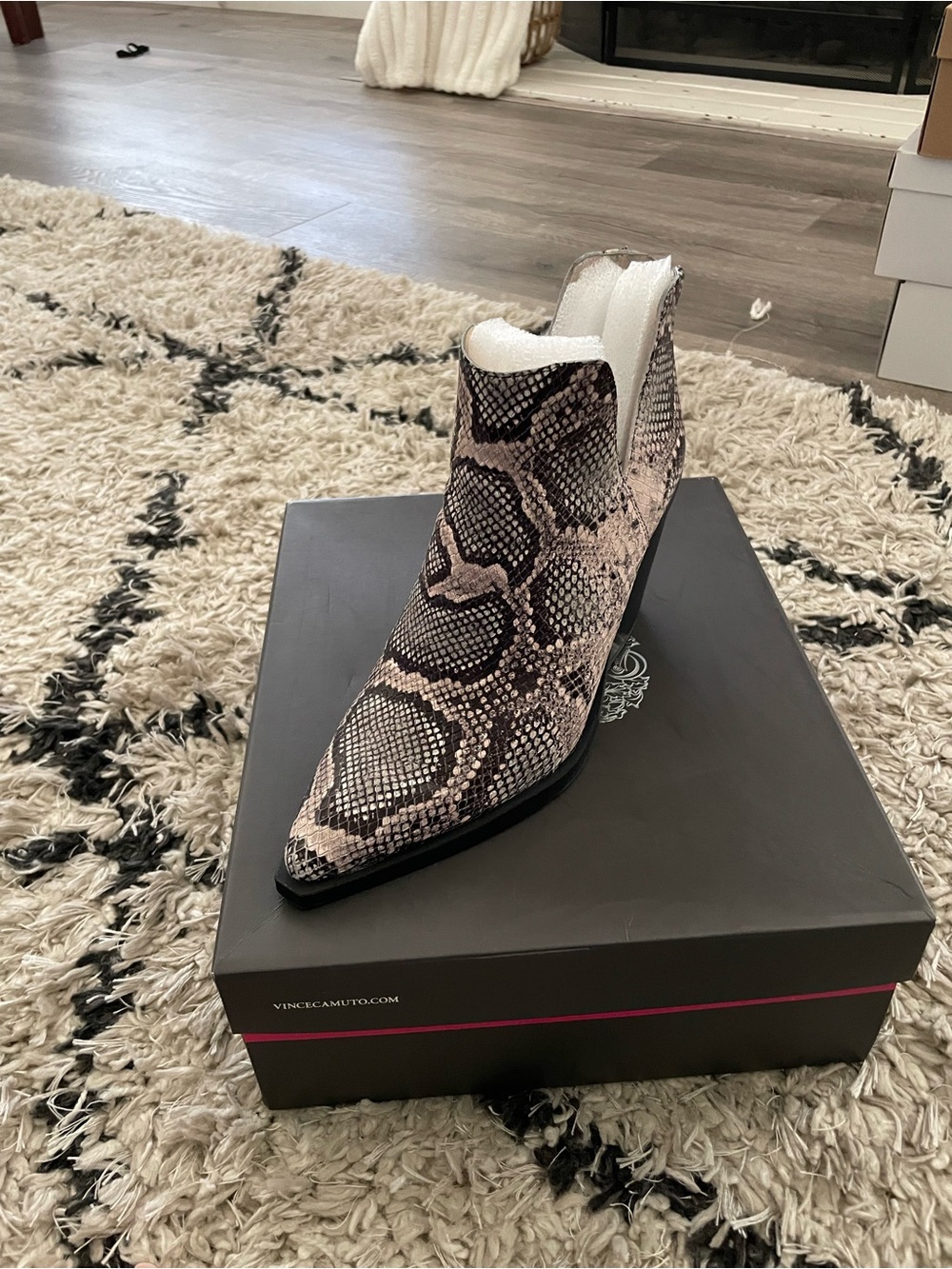 Vince Camuto Pointed Snake-Print Ankle Boot in Taupe and Black